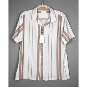 Porter & Ash Kinetic Stretch Short Sleeve Button Up Shirt L White Beige Striped